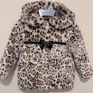Leopard Print Faux Fur Hooded Coat Jacket for Girls